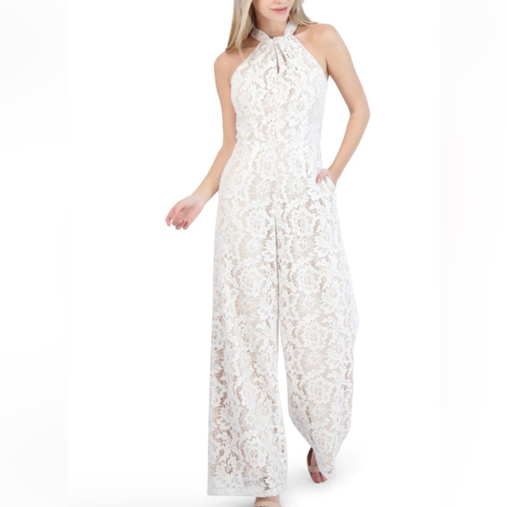NWT Julia Jordan Knot Neck Halter Lace Ivory / Nude Jumpsuit Size 14.